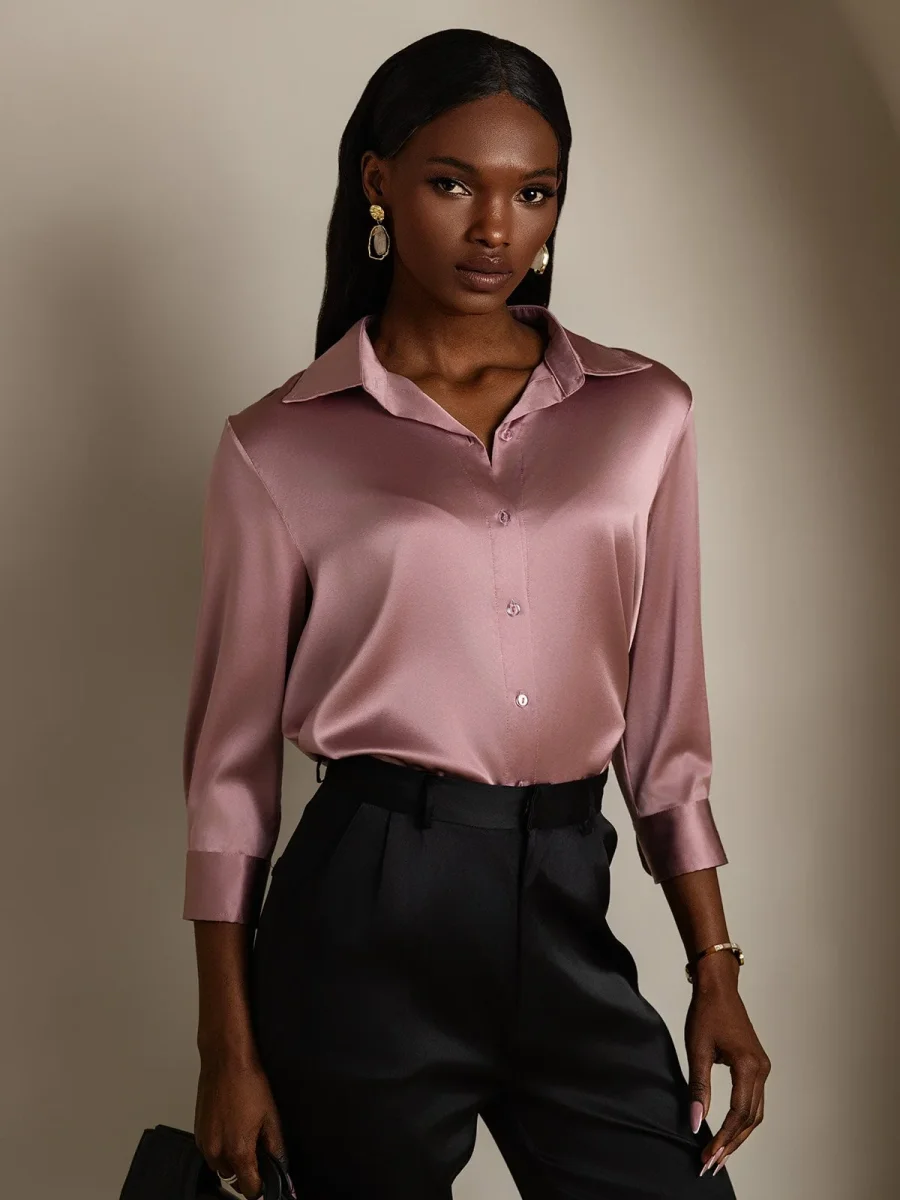 19Momme Seda Larga Manga Solapa Camisa - Imagen 9