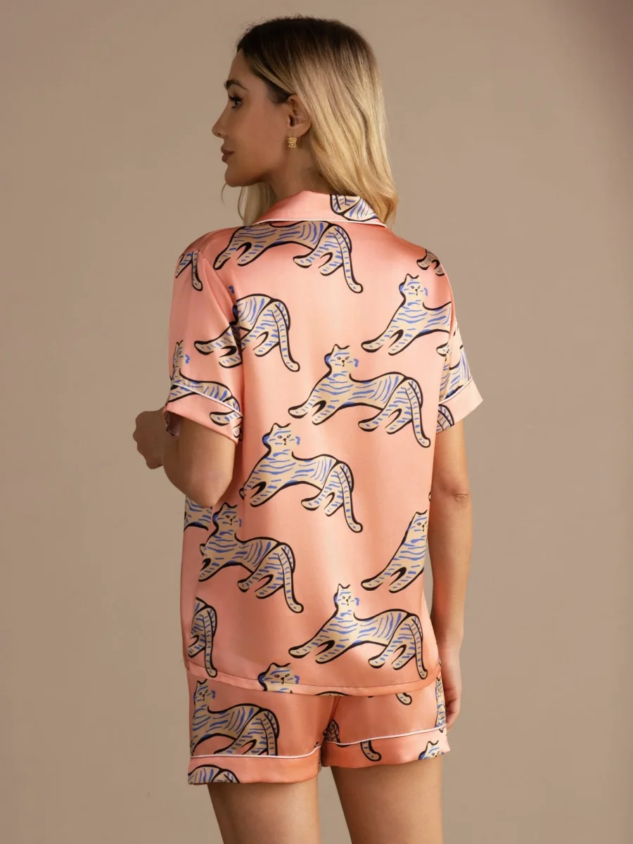 Conjunto De Pijama De Botones De Manga Corta Con Estampado De Gato De Seda De Morera 100% Para Mujer - Imagen 3