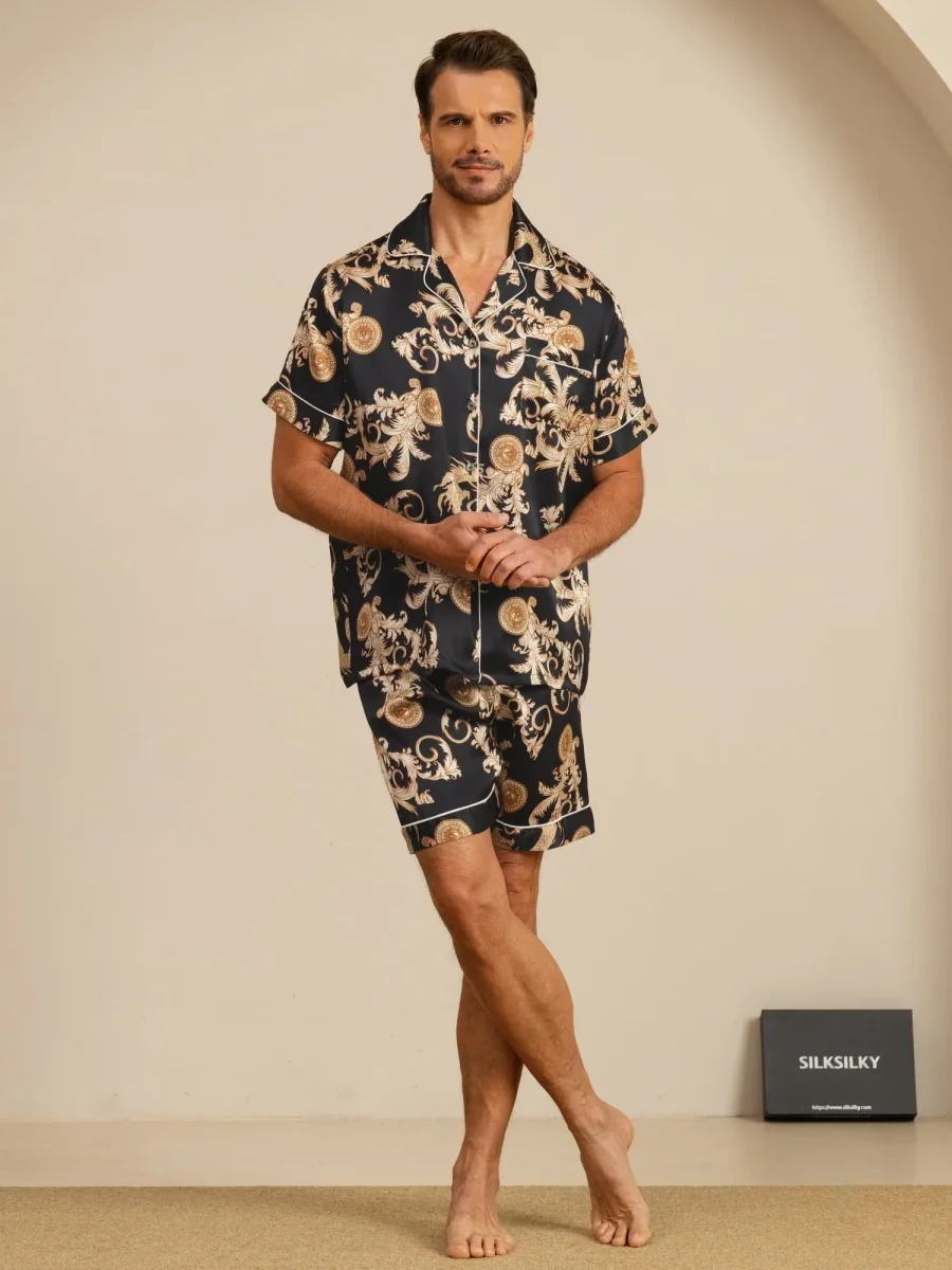 Pure Seda Hombre Estampado Dragón Manga Corta Cuello Notch Conjunto Pijama - Imagen 8