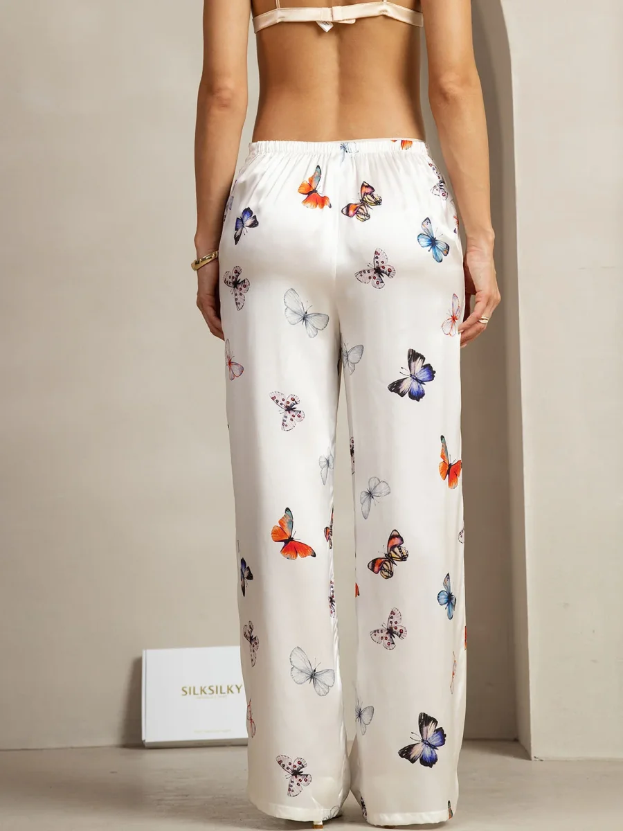 Pantalones De Mujer De Pierna Ancha De Seda 19Momme Blancos Con Estampado De Mariposas Y Bolsillos Laterales - Imagen 3