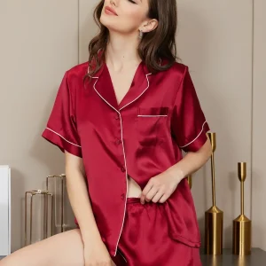 Pijama De Manga Corta De Seda 100% De Morera Para Mujer