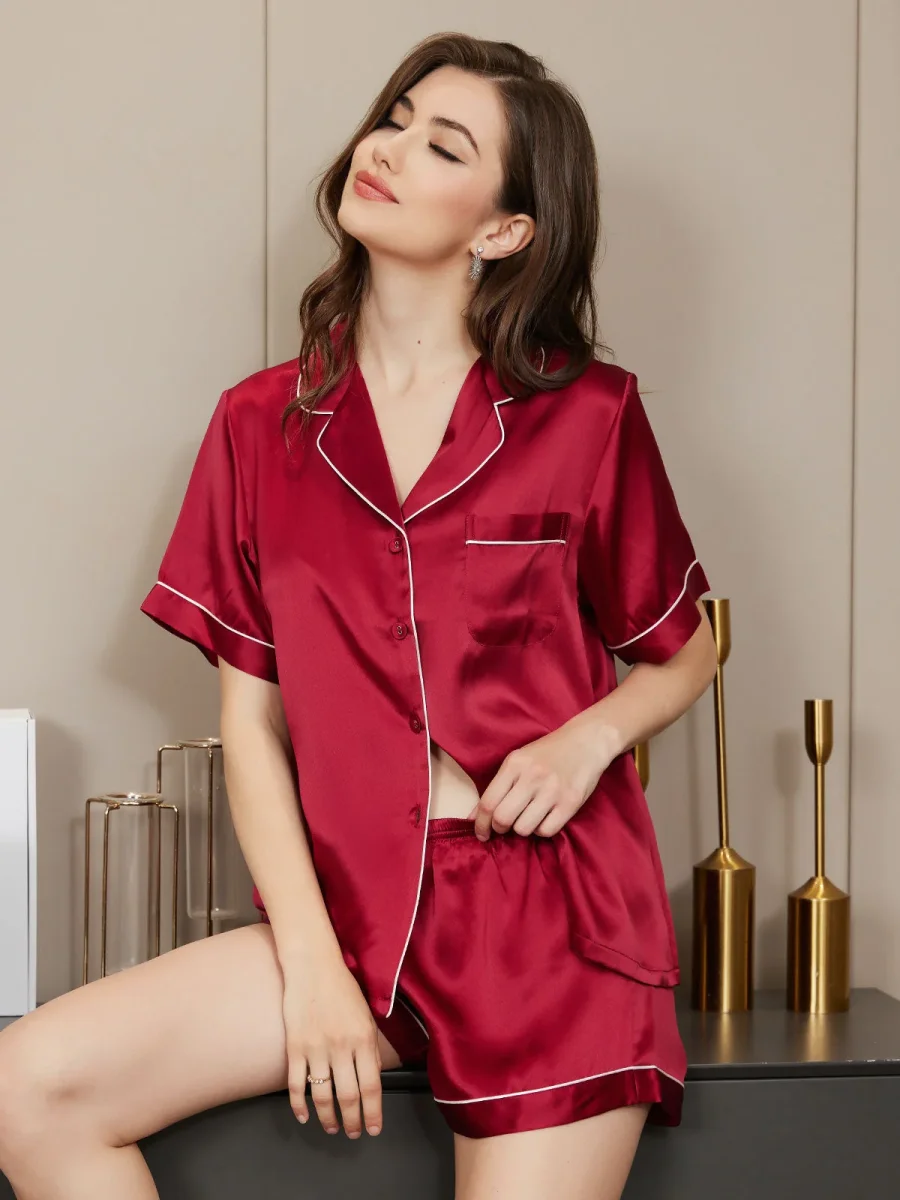 Pijama De Manga Corta De Seda 100% De Morera Para Mujer - Imagen 2