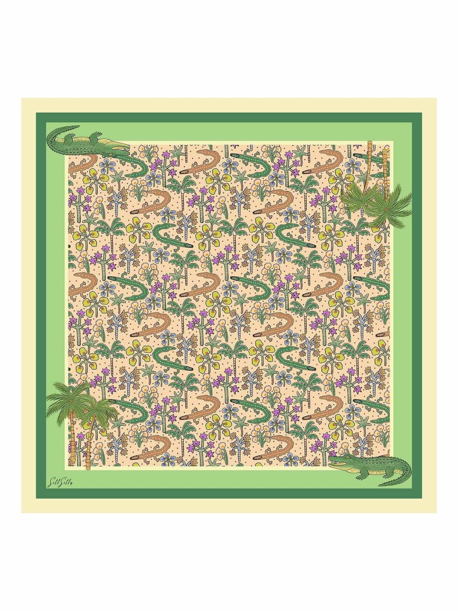 100 Seda De Morado Pañuelo Estampado Cocodrilo Tamaño 90x90cm