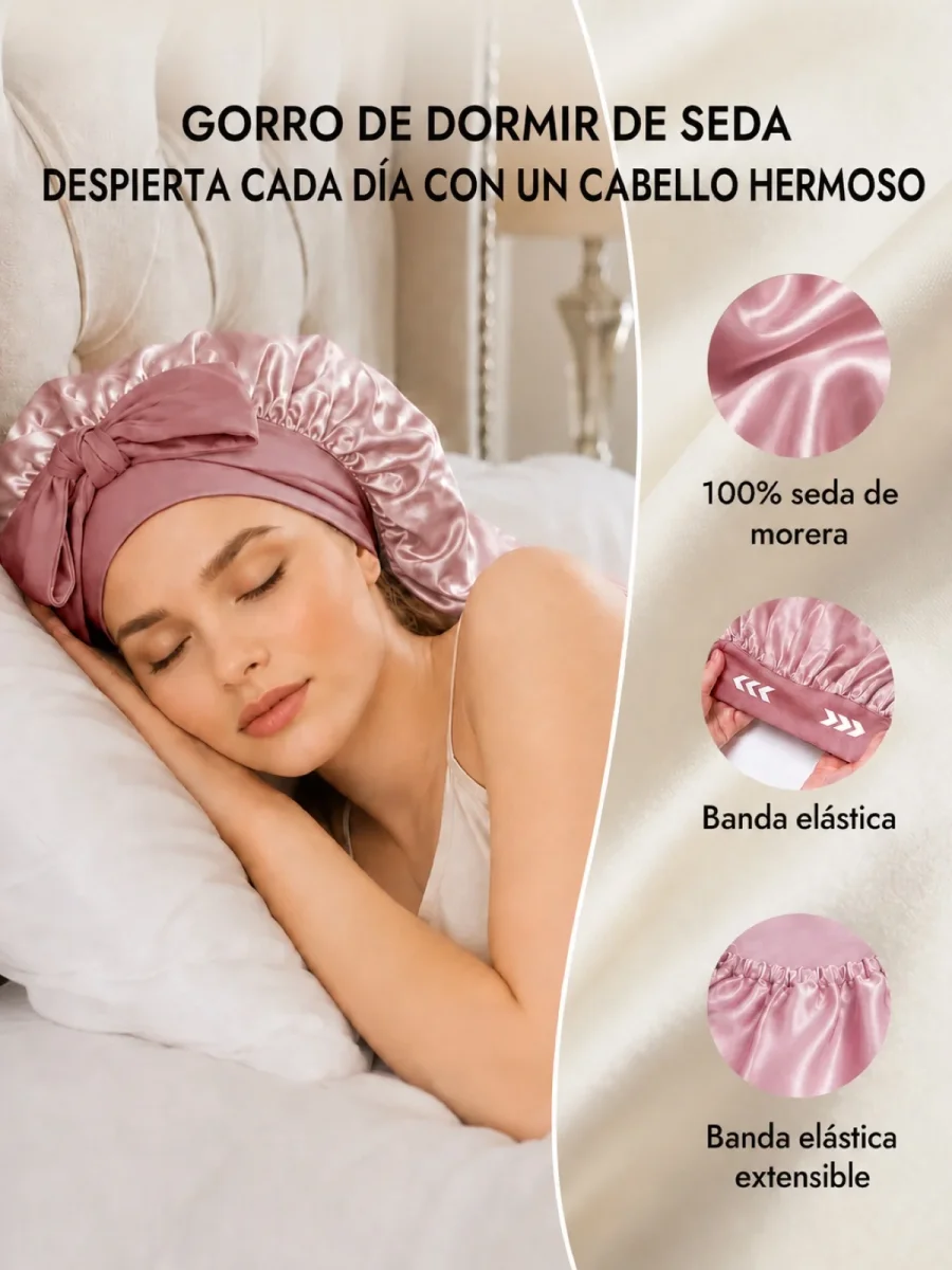 Gorro Largo De Doble Capa De 100 % Seda De Morera Con Cinta Larga Ajustable - Imagen 6