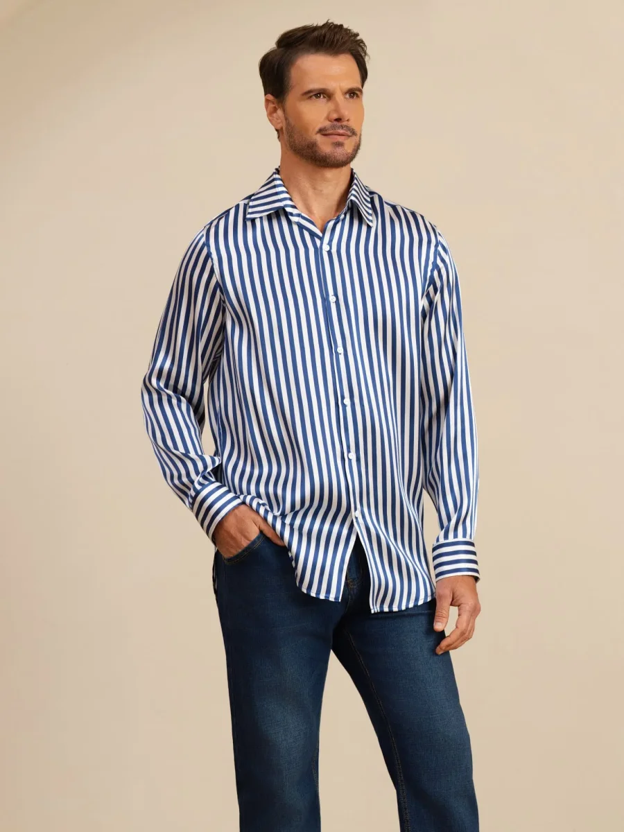 19Momme Seda Hombre Manga Larga Cuello Solapa Estampado Rayas Camisa - Imagen 5