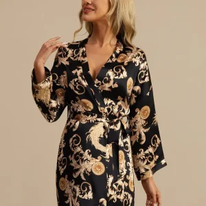 Bata Kimono Mujer Manga 3/4 Seda Pura Estampado Dragón Con Cinturón