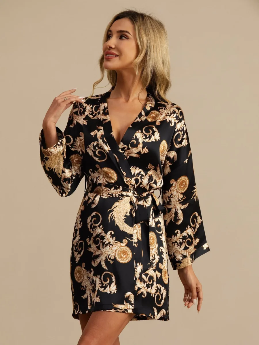 Bata Kimono Mujer Manga 3/4 Seda Pura Estampado Dragón Con Cinturón - Imagen 2