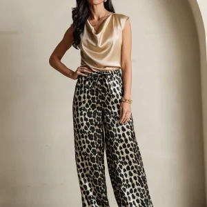 Pantalones De Pierna Ancha De Pura Seda Con Estampado De Leopardo Para Mujer