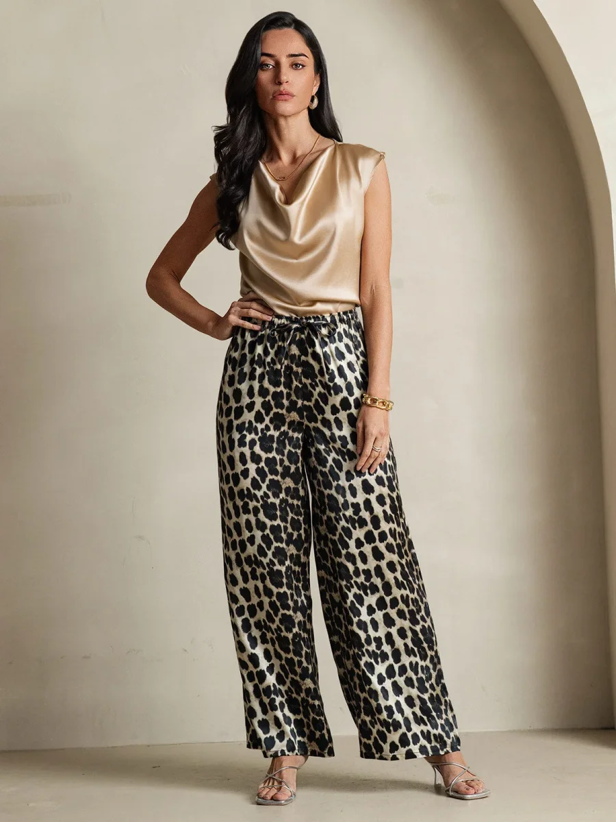 Pantalones De Pierna Ancha De Pura Seda Con Estampado De Leopardo Para Mujer