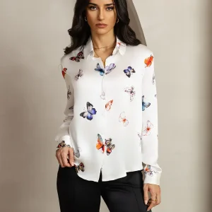 Camisa De Seda 19Momme Mujer Con Estampado De Mariposas Manga Larga Y Cuello Con Solapa