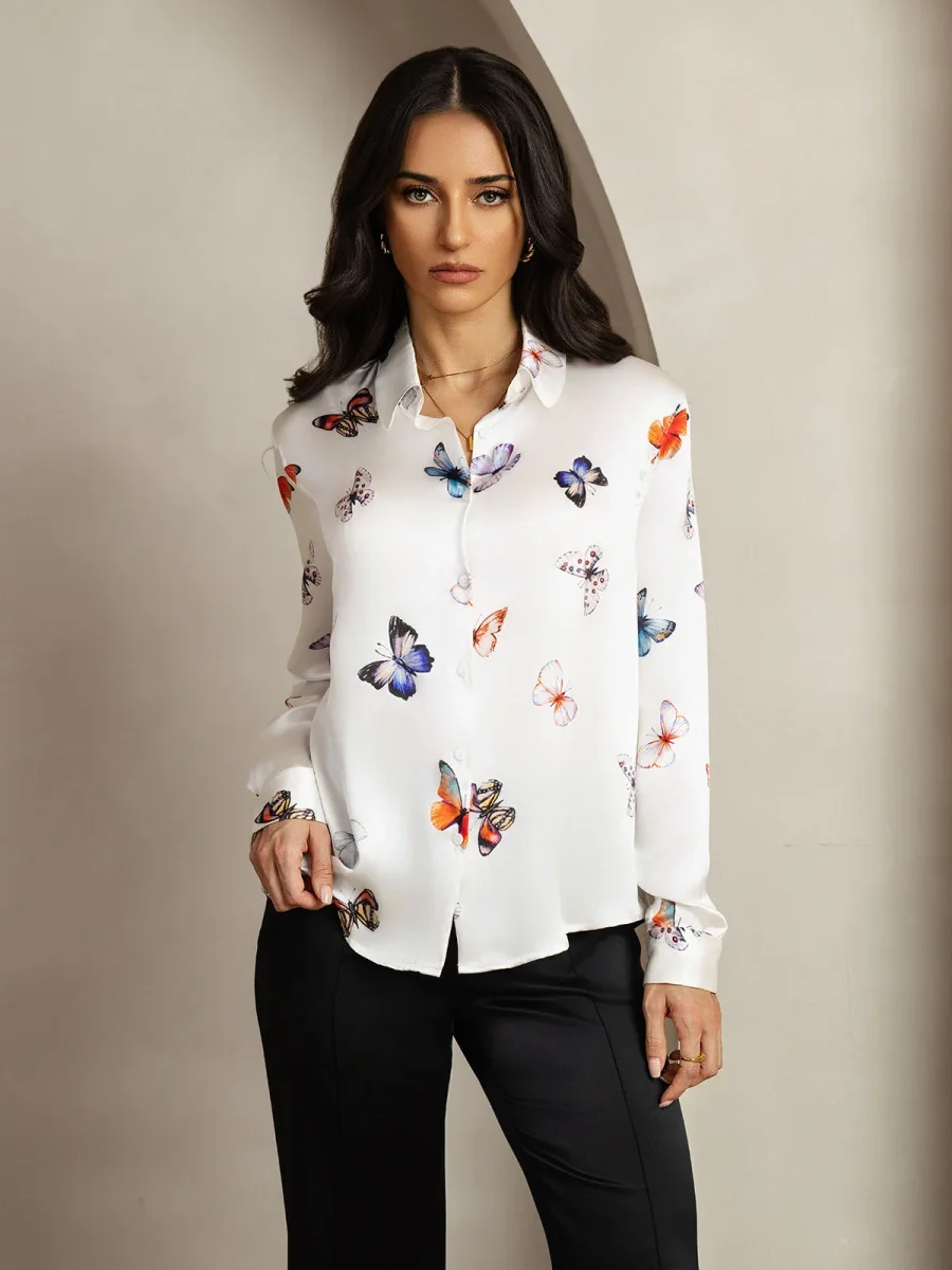 Camisa De Seda 19Momme Mujer Con Estampado De Mariposas Manga Larga Y Cuello Con Solapa