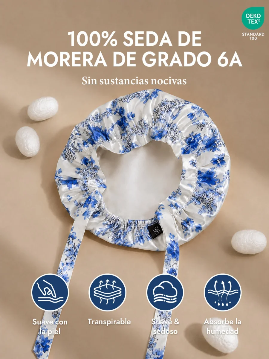 Gorro de Dormir de 100% Seda de Morera con Cintas - Imagen 3