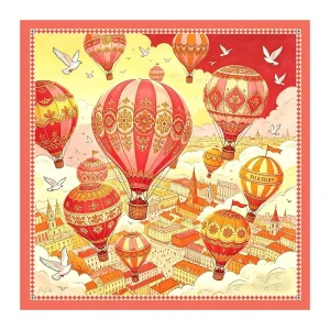 100 Seda De Morado Pañuelo Estampado Globo Aerostático Tamaño 90x90cm