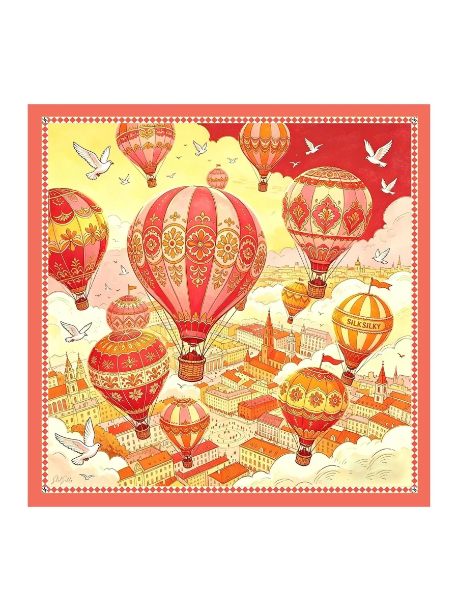 100 Seda De Morado Pañuelo Estampado Globo Aerostático Tamaño 90x90cm - Imagen 2