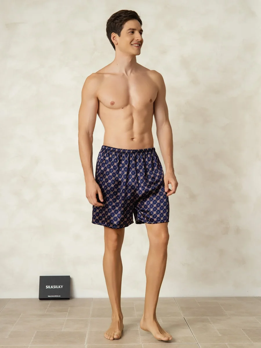 Pantalones Cortos De Dormir Para Hombre Pure Silk Cadena Azul Marino Estampado Cintura Elástica - Imagen 3