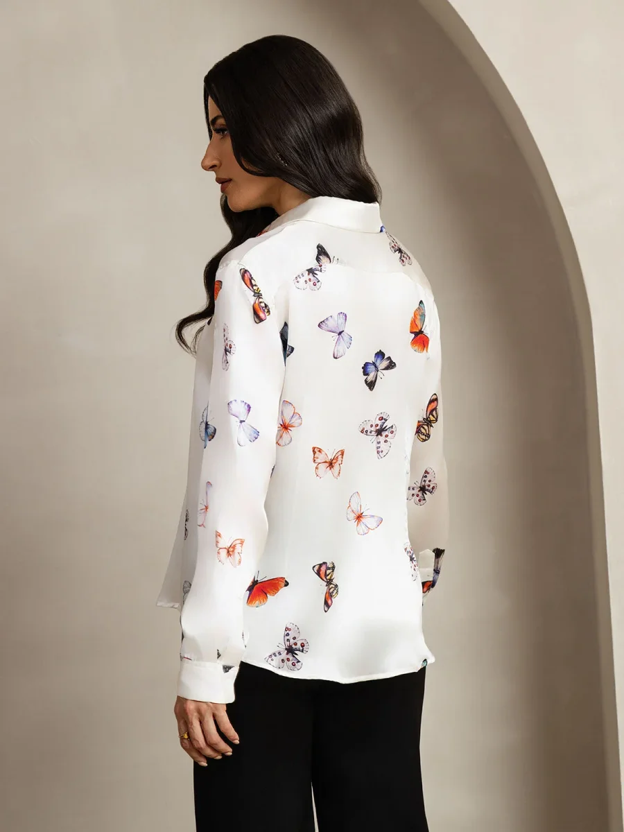 Camisa De Seda 19Momme Mujer Con Estampado De Mariposas Manga Larga Y Cuello Con Solapa - Imagen 3