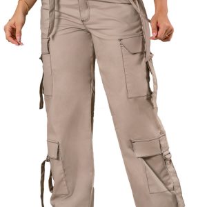 Pantalón cargo mujer beige ancho con bolsillos y tiras