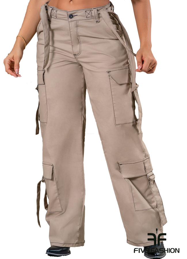 Pantalón cargo mujer beige ancho con bolsillos y tiras