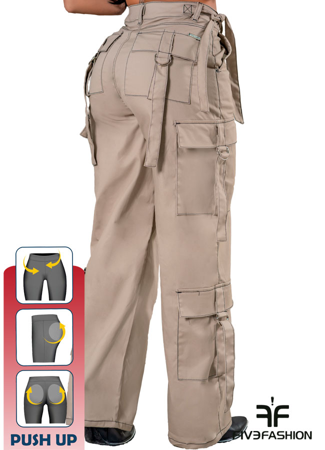 Pantalón cargo mujer beige ancho con bolsillos y tiras - Imagen 3
