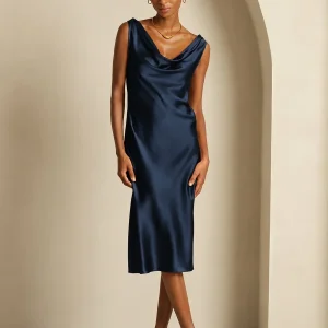 19Momme Vestido sin mangas de seda elegante con escote drapeado