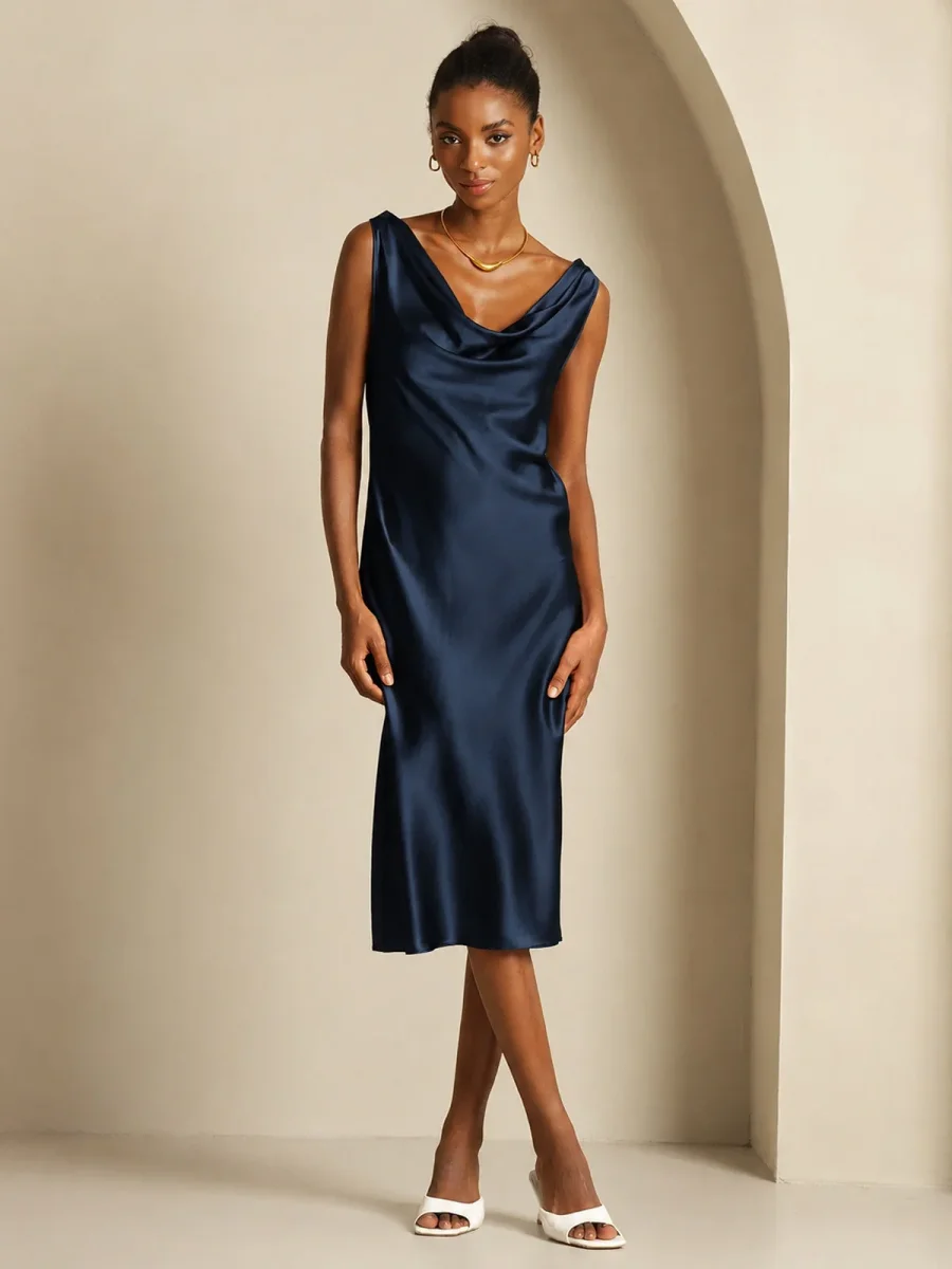19Momme Vestido sin mangas de seda elegante con escote drapeado - Imagen 2