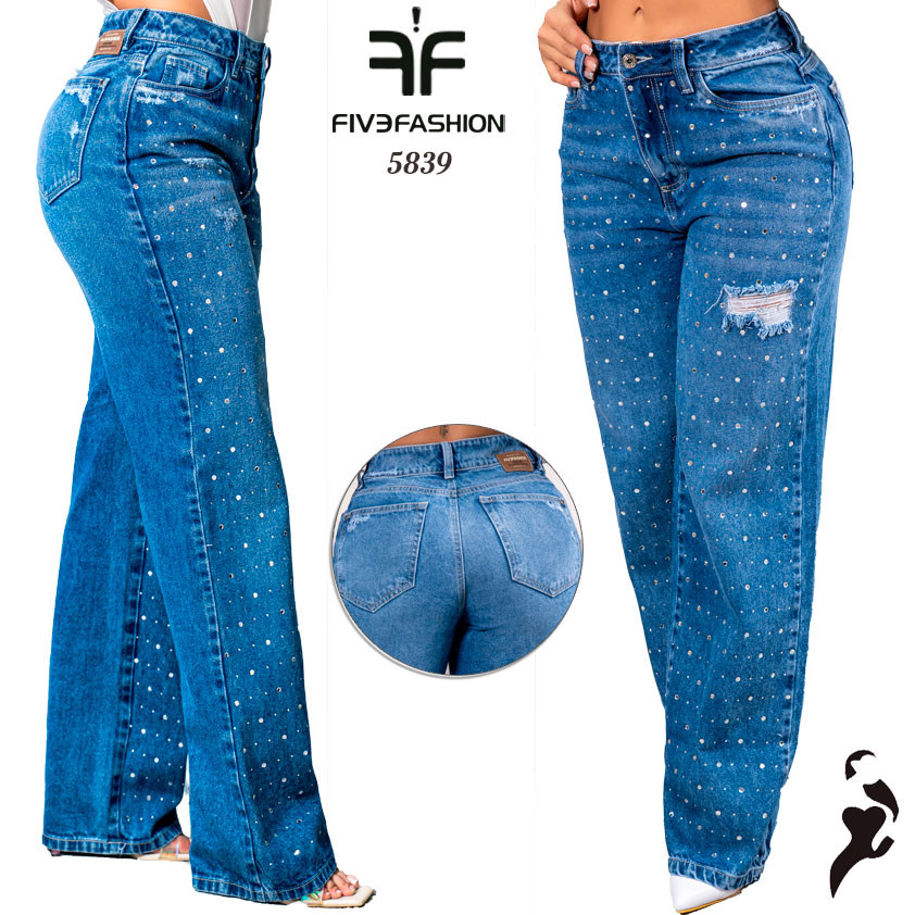 Jeans recto azul mujer con strass y detalle roto - Imagen 4