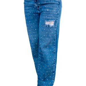 Jeans recto azul mujer con strass y detalle roto