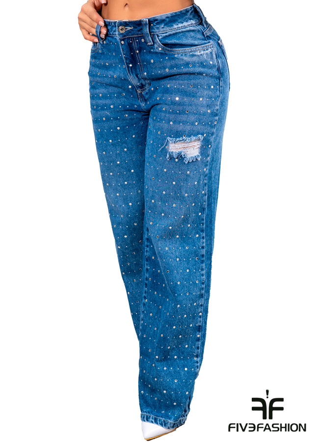 Jeans recto azul mujer con strass y detalle roto - Imagen 2