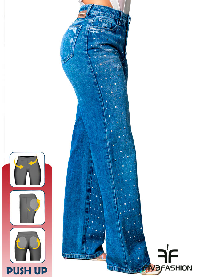 Jeans recto azul mujer con strass y detalle roto - Imagen 3