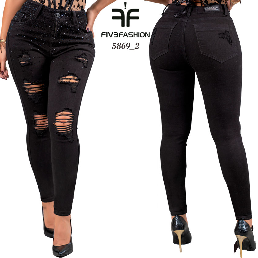 Pantalón vaquero negro ajustado con roturas y brillos - Imagen 4