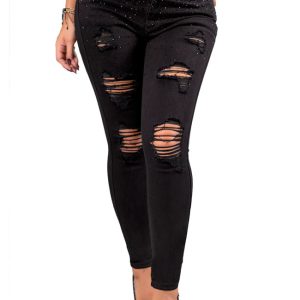 Pantalón vaquero negro ajustado con roturas y brillos