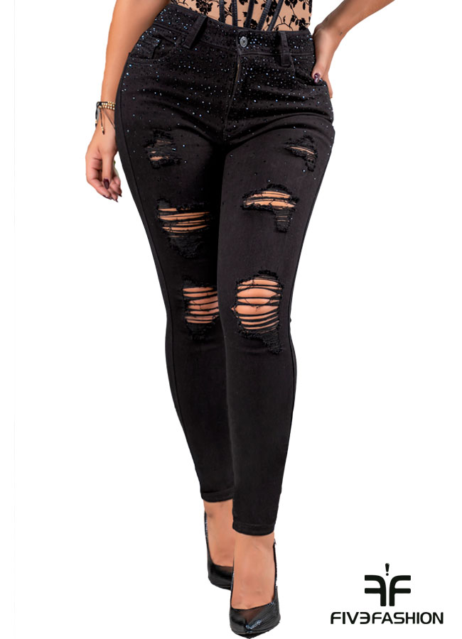 Pantalón vaquero negro ajustado con roturas y brillos