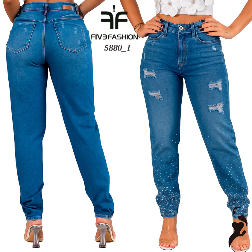 Jeans recto mujer tiro alto con rotos y strass - Imagen 4