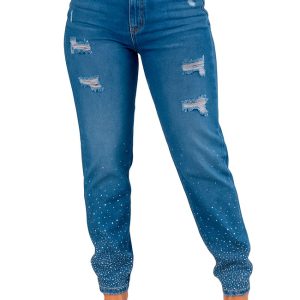 Jeans recto mujer tiro alto con rotos y strass