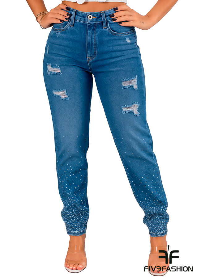 Jeans recto mujer tiro alto con rotos y strass - Imagen 2