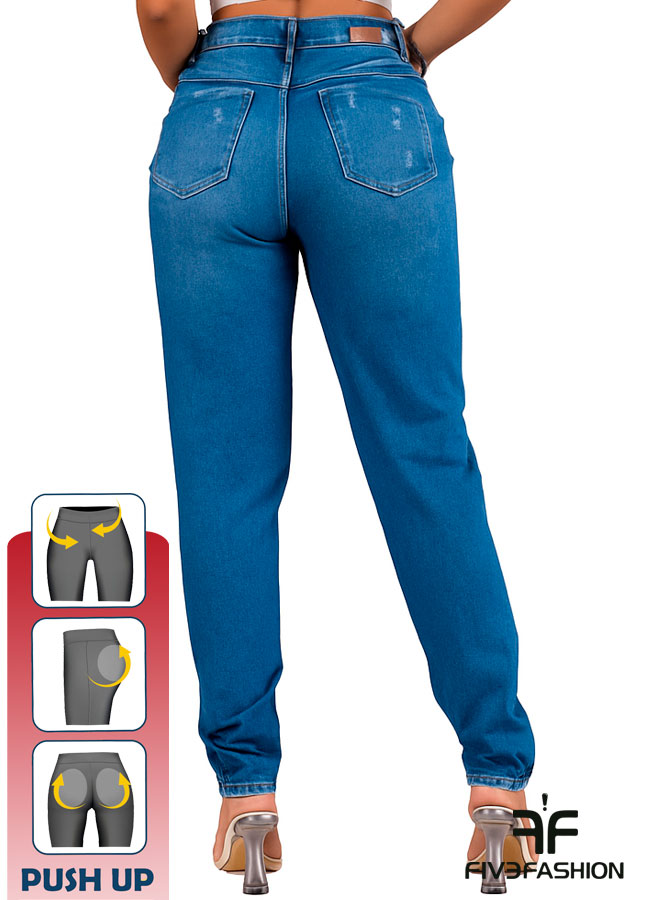 Jeans recto mujer tiro alto con rotos y strass - Imagen 3