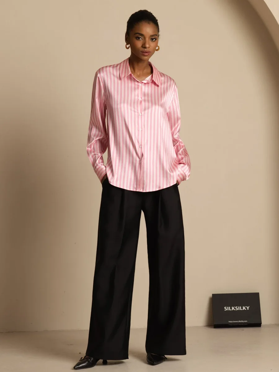 Camisa De Mujer De Seda 19 Momme Con Estampado De Rayas Y Cuello De Solapa - Imagen 7