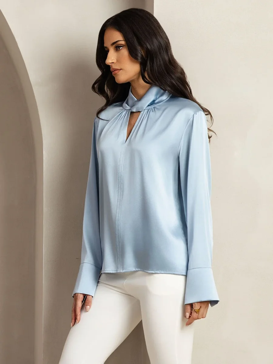 Blusa De Seda 19 Momme Con Escote De Lágrima Y Botones Tipo Perla - Imagen 3