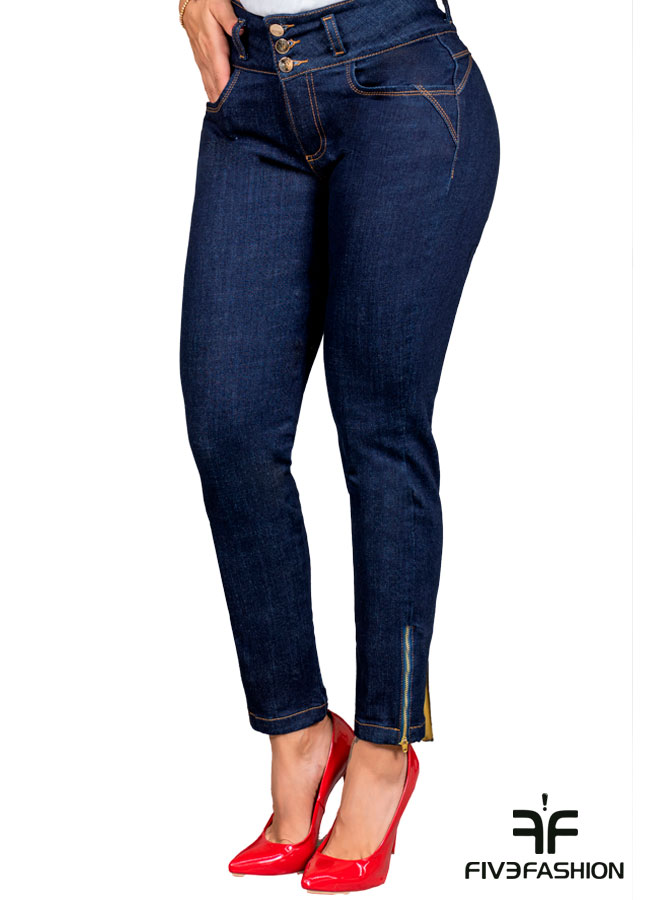 Jeans skinny azul oscuro mujer tiro alto con botones y cremallera - Imagen 2