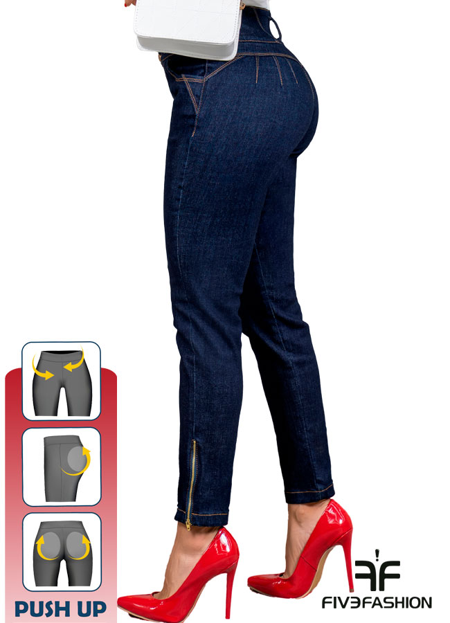 Jeans skinny azul oscuro mujer tiro alto con botones y cremallera - Imagen 3