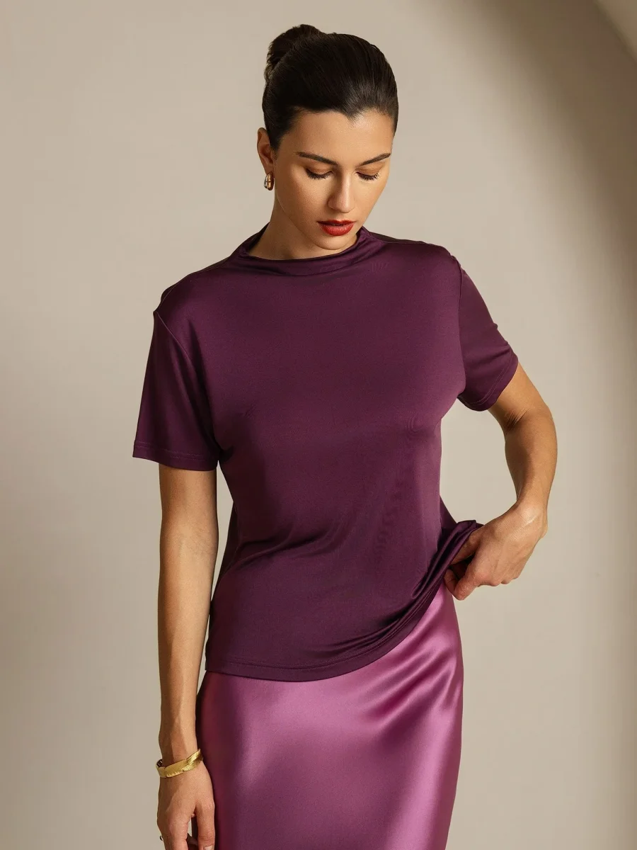 Camiseta De Mujer De Seda Pura Con Manga Corta Y Cuello Mock - Imagen 7