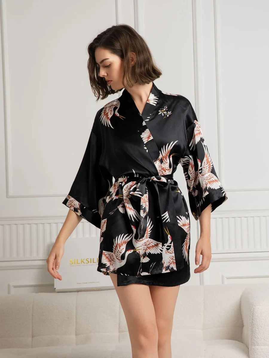 Kimono Corto De Mujer 19Momme Seda Pura Estampado De Grulla Manga 3/4 - Imagen 8