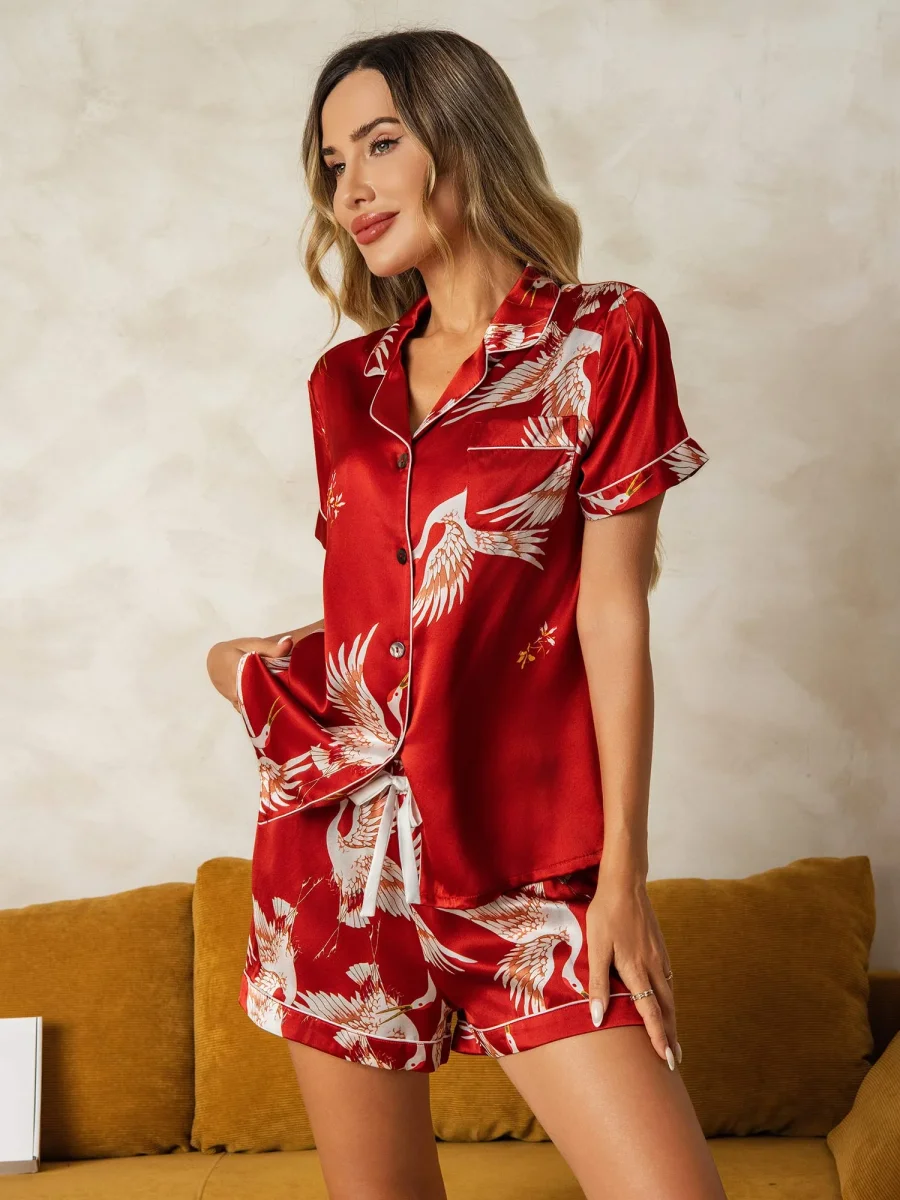 19Momme Conjunto De Pijama Para Mujer En Seda Pura Manga Corta Estampado De Grulla - Imagen 8