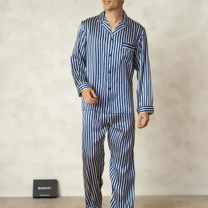 Conjunto De Pijama Para Hombre De Pura Seda Con Estampado De Rayas Manga Larga Y Cuello De Solapa