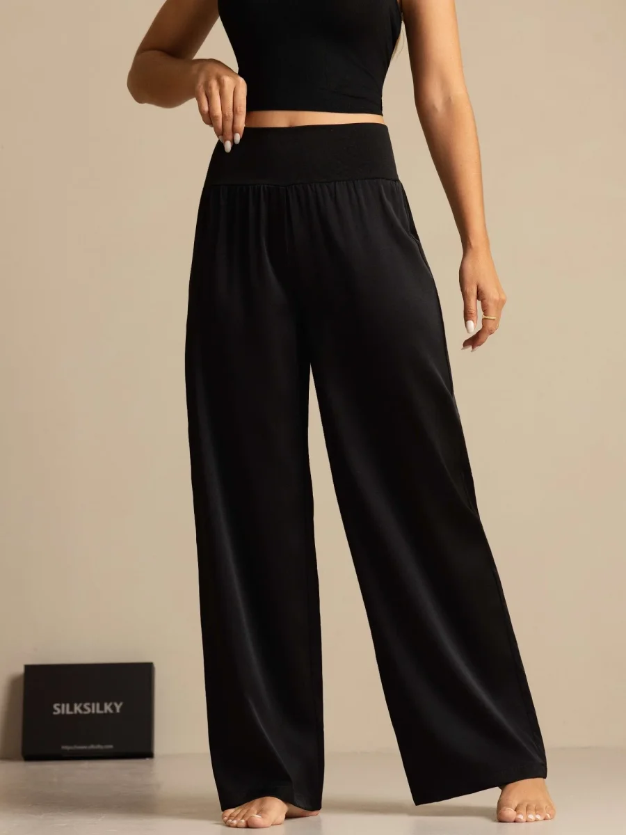 Pantalones de pierna ancha de talle alto para mujer en seda 19Momme con cinturilla elástica ancha - Imagen 6