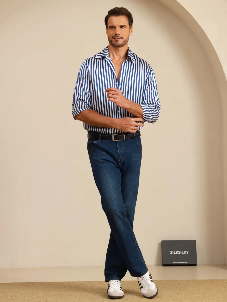 19Momme Seda Hombre Manga Larga Cuello Solapa Estampado Rayas Camisa - Imagen 9