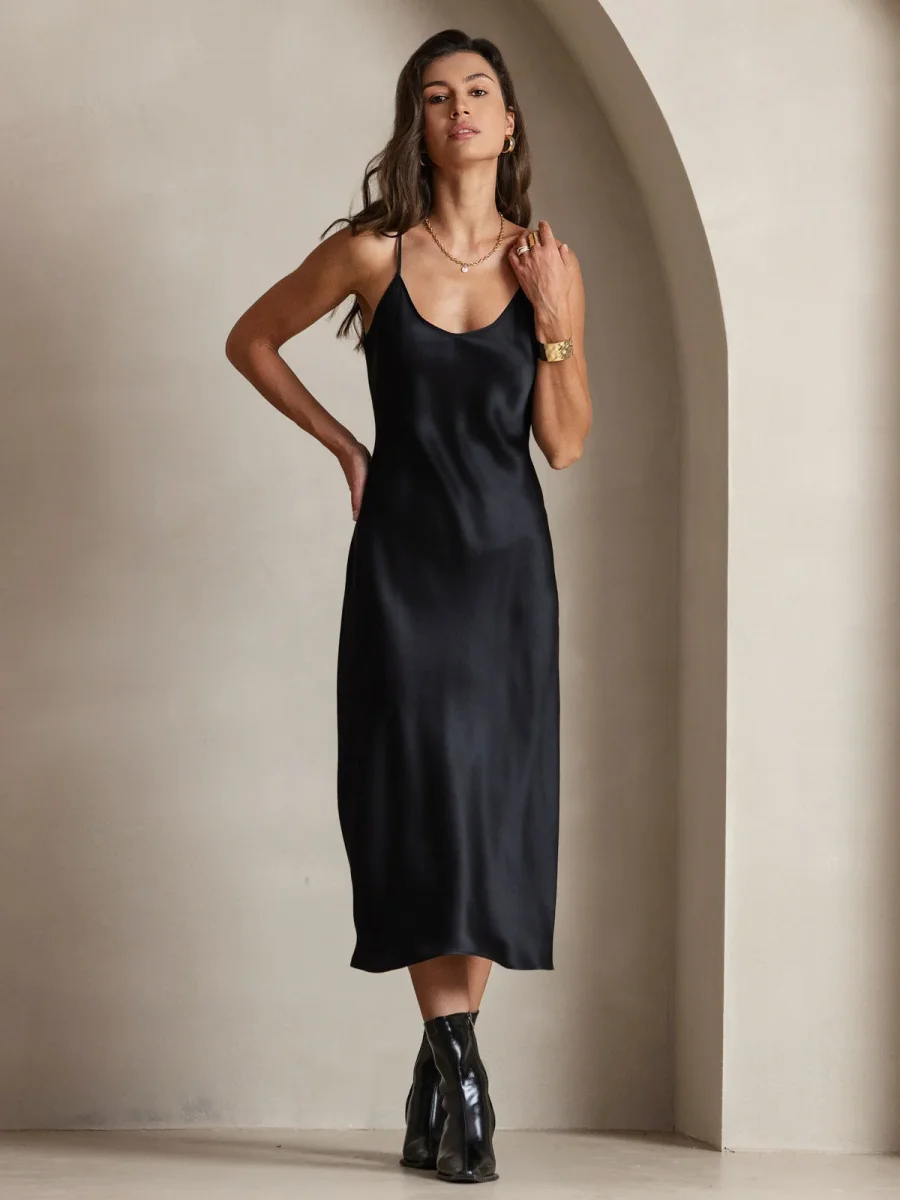 100% Seda de Mora Vestido Largo Midi de Tirantes Finos - Imagen 5