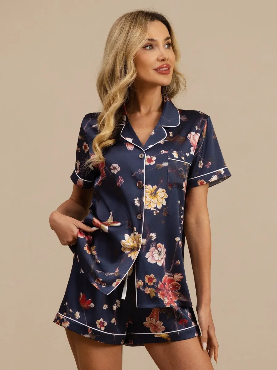 Conjunto De Pijama Mujer De Seda 19 Momme Azul Marino Con Estampado Floral Manga Corta Cuello Con Solapa Con Botones - Imagen 7