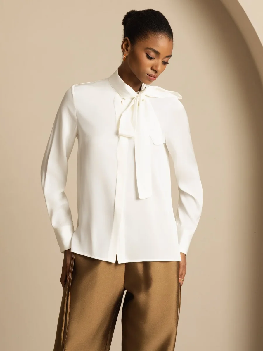 Blusa de Mujer en Seda 19Momme con Tie Neck Manga Larga - Imagen 5