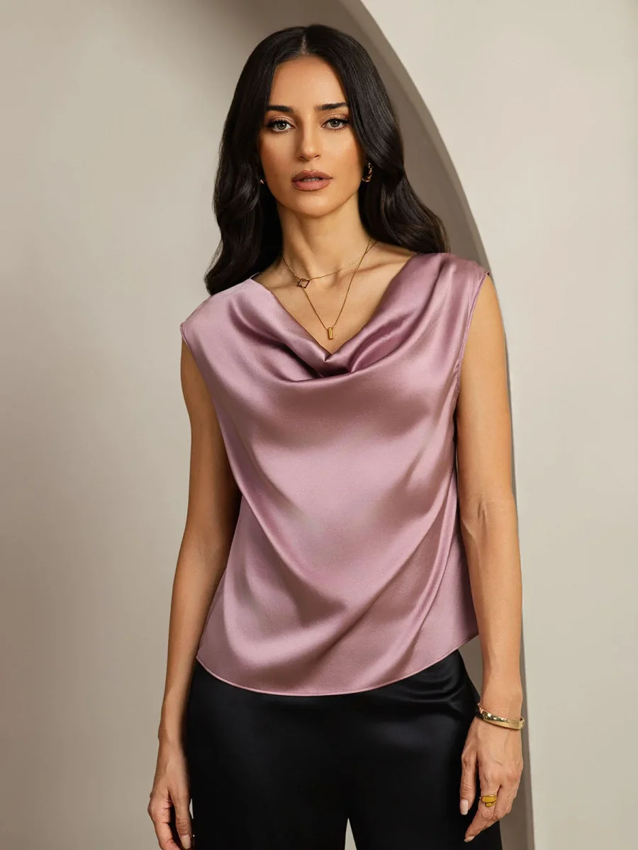 19Momme Seda Capa Manga Cuello Cowl Camiseta sin mangas/Blusa - Imagen 5